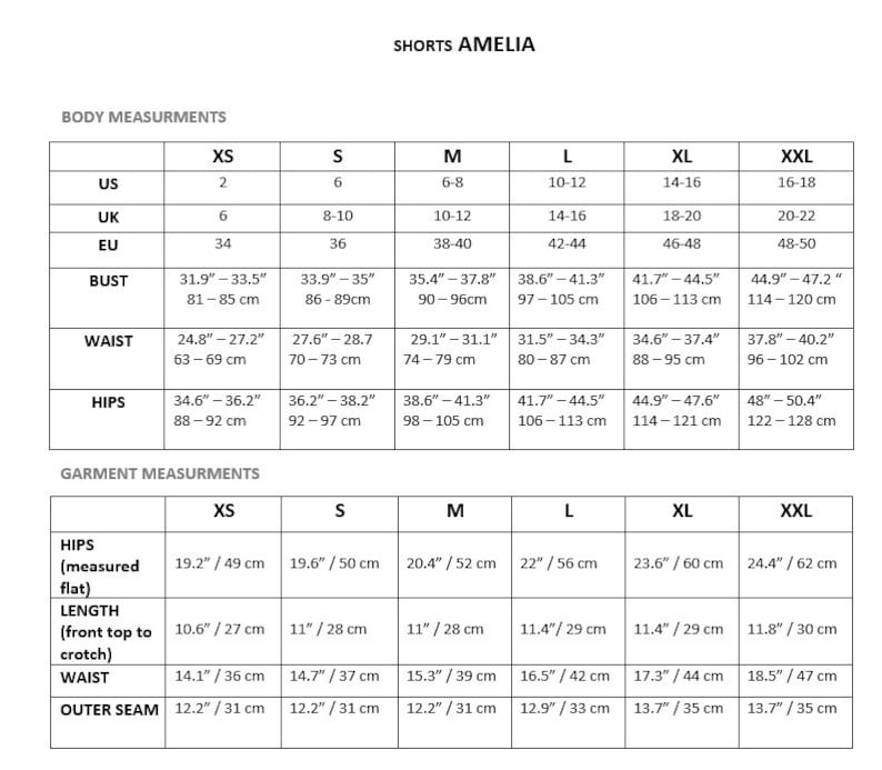Puede incluir: Tabla de tallas para pantalones cortos con medidas en pulgadas y cent&iacute;metros. La tabla incluye tallas US, UK, EU, busto, cintura, caderas y medidas de la prenda para caderas, largo, cintura y costura exterior.