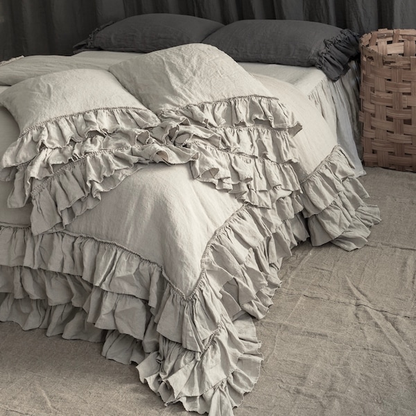 Juego de funda nórdica triple de lino. Ropa de cama de lino natural lavado a la piedra con volantes, estilo francés.