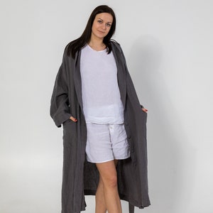 LINEN ROBE SHIRLEY with Hood ,belt and buttons . linen loungewear, linen dress, linen sleepwear. image 9