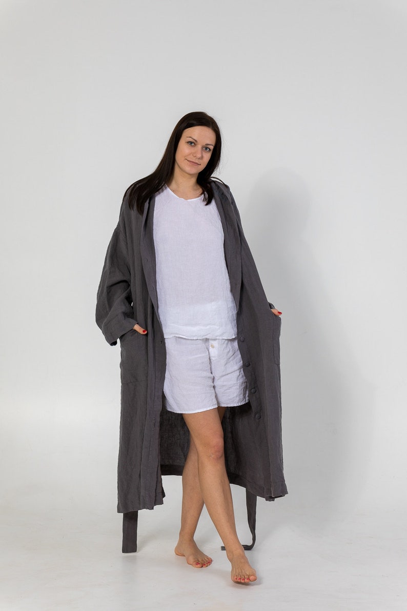 LINEN ROBE SHIRLEY with Hood ,belt and buttons . linen loungewear, linen dress, linen sleepwear. image 9