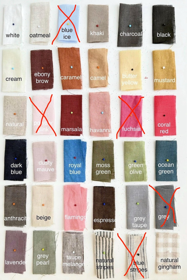 K&ouml;nnte beinhalten: Ein Raster aus rechteckigen Stoffmustern in verschiedenen Farben und Mustern, jeweils mit Text beschriftet, darunter white, oatmeal, khaki, charcoal, black, cream, ebony brown, caramel, camel, butter yellow, mustard, natural, marsala, havanna, coral red, dark blue, dusty mauve, royal blue, moss green, green olive, ocean green, anthracite, beige, flamingo, espresso, grey taupe, lavender, grey pearl, taupe melange, natural stripes und natural gingham.