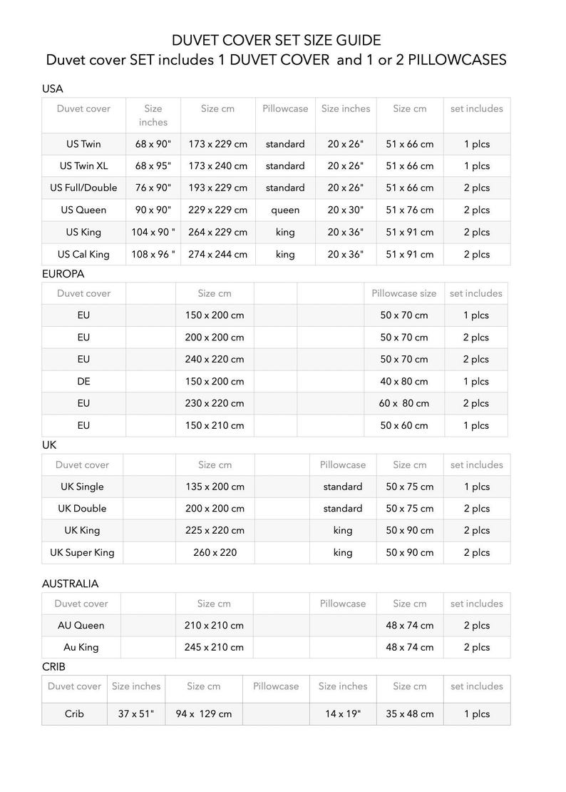 May include: A detailed size guide for duvet cover sets, including measurements in inches and centimeters. The chart lists sizes for USA, Europa, UK, Australia, and Crib, with pillowcase dimensions and set inclusions.