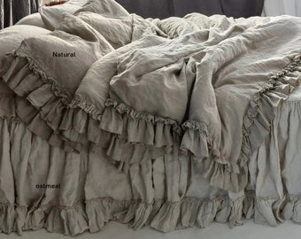 Linen DUVET COVER . Rustic style linen bedding with double ruffles. Mooshop shabby chic  washed linen.