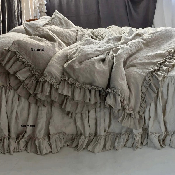 Linen DUVET COVER . Rustic style linen bedding with double ruffles. Mooshop shabby chic  washed linen.