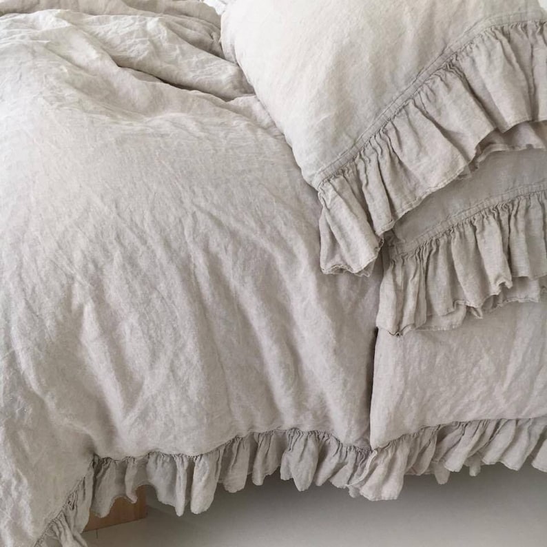 SALE 40% Ready to ship. Shabby Chic linen duvet cover with ruffles in color oatmeal image 1