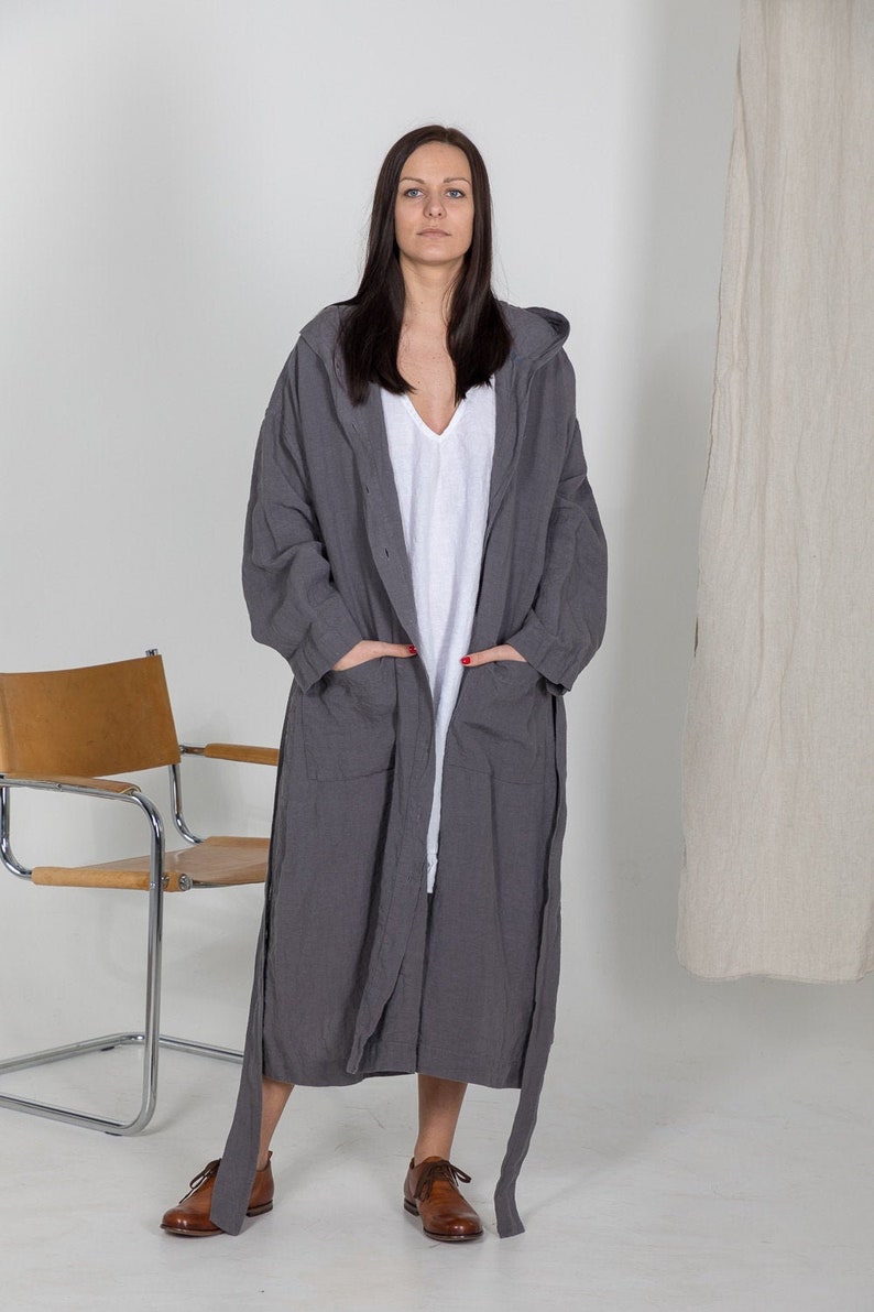 LINEN ROBE SHIRLEY with Hood ,belt and buttons . linen loungewear, linen dress, linen sleepwear. image 6