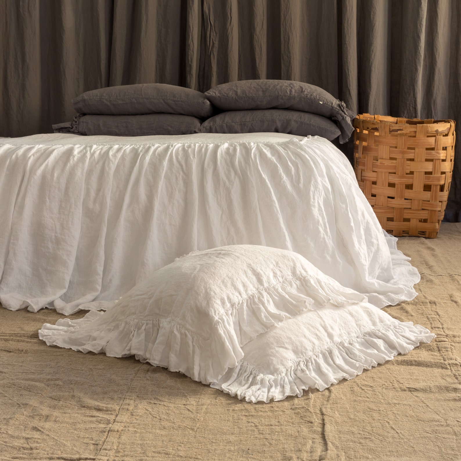 LINEN PILLOW CASE With Ruffles , Linen Pillow Covers, Shabby Chic