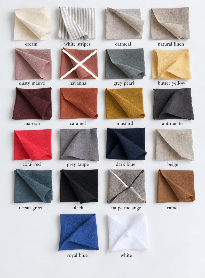 May include: A grid of twenty-one fabric swatches in various colors including cream, white stripes, oatmeal, natural linen, dusty mauve, grey pearl, butter yellow, maroon, caramel, mustard, anthracite, coral red, grey taupe, dark blue, beige, ocean green, black, taupe melange, camel, royal blue, and white. One swatch is marked with a white X.
