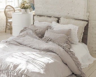 LINEN DUVET COVER. Rustic style ruffle duvet cover with double ruffles all around.