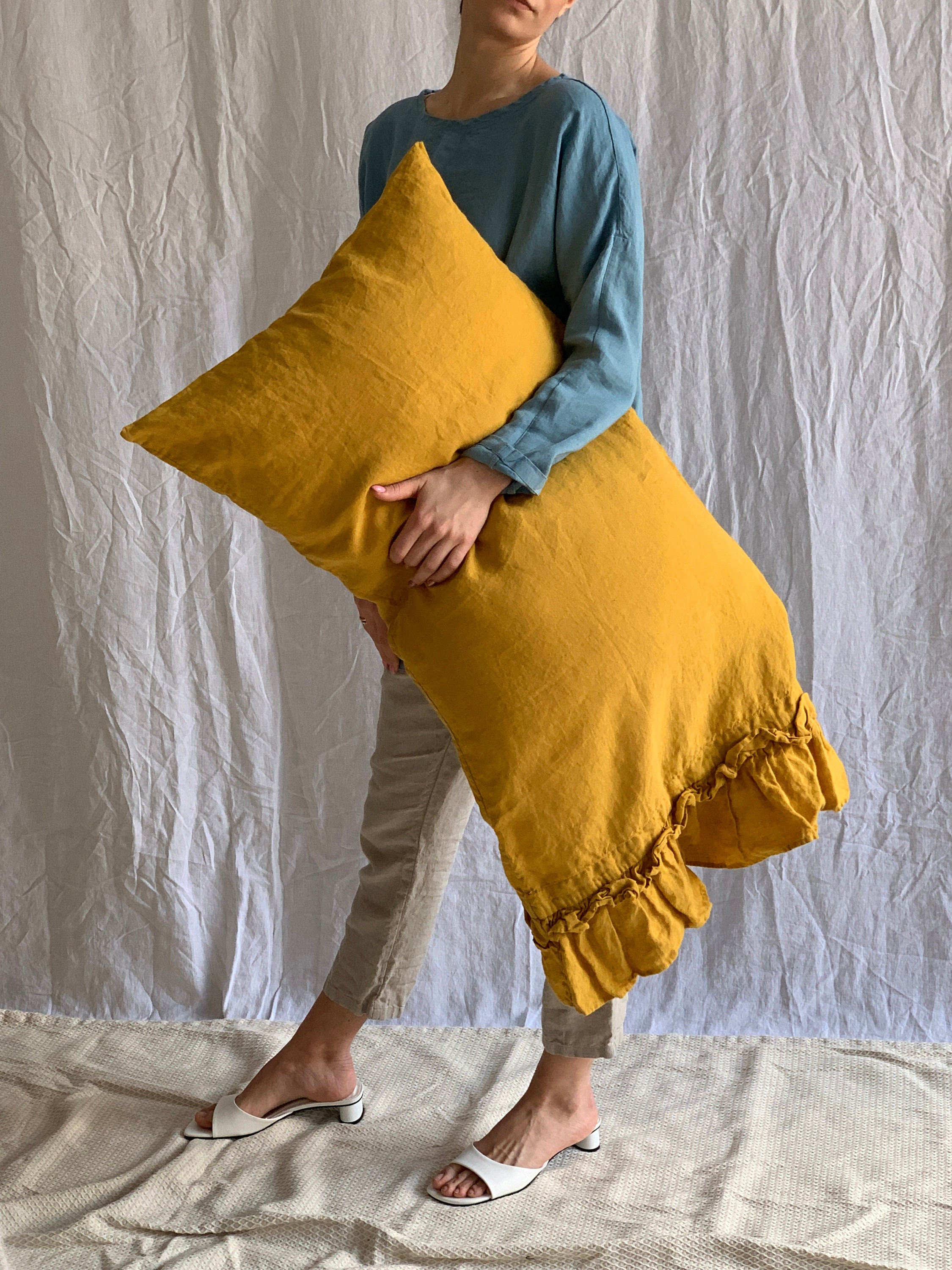 Linen  pillowcase with ruffles standard , queen , king , euro sham , body pillow size. Bed Pillows. Washed & softened. Made by MOOshop.*8