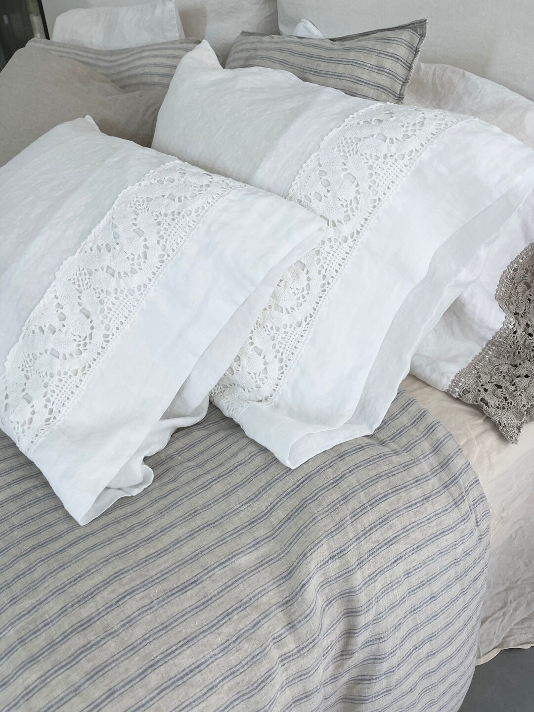 Linen Pillowcase With French LACE , Housewife Pillowcase , Standard