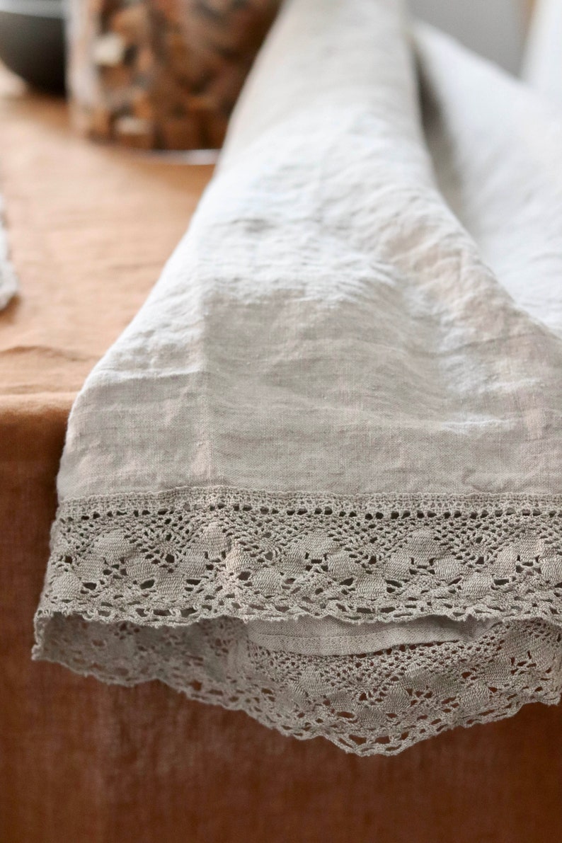 Linen tablecloth with lace. Round, square, rectangular table linens. Farmhouse Table Cloth,Rustic Table, Country Tablecloth, Natural linen image 3