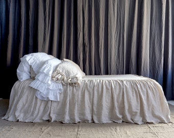 LINEN COVERLET dust ruffle .Ruffled linen bedspread, dust ruffle. Washed and softened. Made by MOOshop.*34