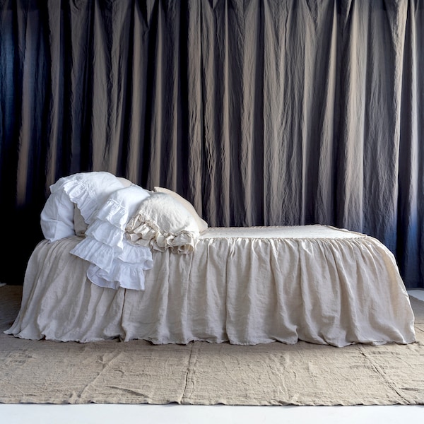 LINEN COVERLET dust ruffle .Ruffled linen bedspread, dust ruffle. Washed and softened. Made by MOOshop.*34