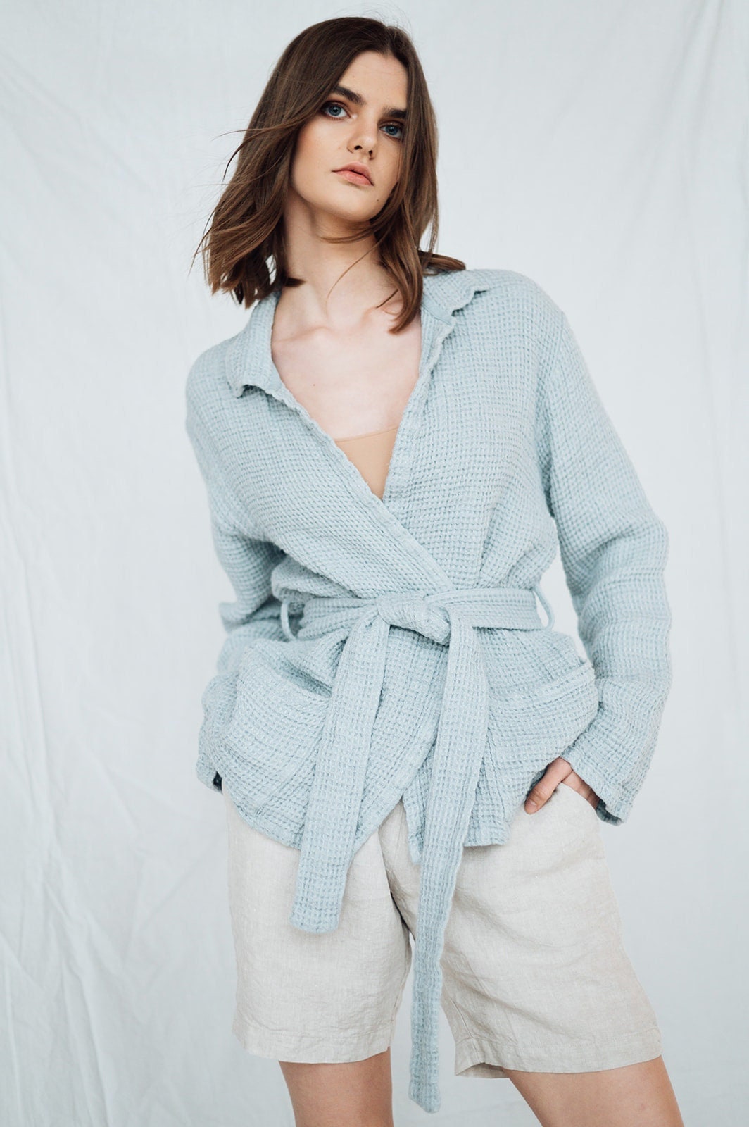 LINEN waffle shirt MAY , linen wrap shirt , linen wrap top