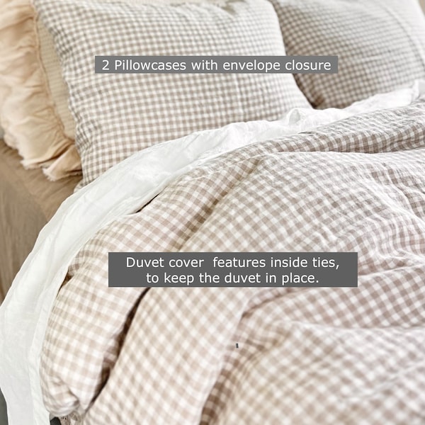 Couette gingham naturelle / Ensemble de literie en lin DUVET COVER / toutes tailles / housse de couette en lin queen set avec 2 taies d’oreiller / courtepointe