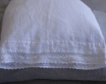 WHITE Linen  pillowcase with french lace , standard , queen , king , euro sham , body pillow size. Softened & stonewashed. MOOshop.*50