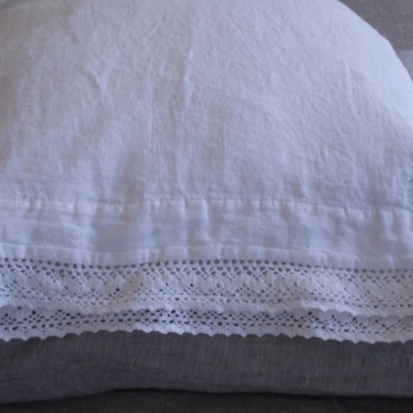 WHITE Linen  pillowcase with french lace , standard , queen , king , euro sham , body pillow size. Softened & stonewashed. MOOshop.*50