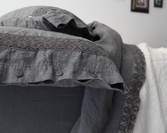 Parure de lit en lin. Parure de lit en lin français LACE. Drap de dessus, drap-housse et deux taies d'oreiller. Fabriquée par MOOshop.