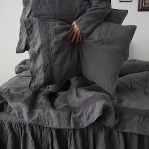 LINEN DUVET COVER. Grey French linen duvet cover with lace. Made by MOOshop.*43