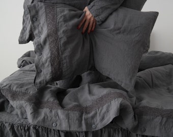 LINEN DUVET COVER. Grey French linen duvet cover with lace. Made by MOOshop.*43