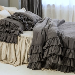 LINEN DUVET COVER set. French style thick ruffled stonewashed natural linen bedding. MOOshop classic bedding.