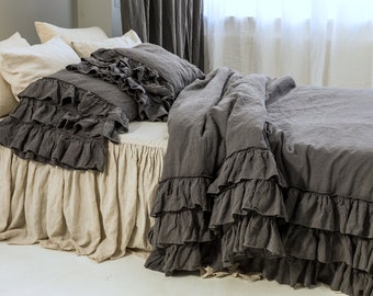 LINEN DUVET COVER set. French style thick ruffled stonewashed natural linen bedding. MOOshop classic bedding.