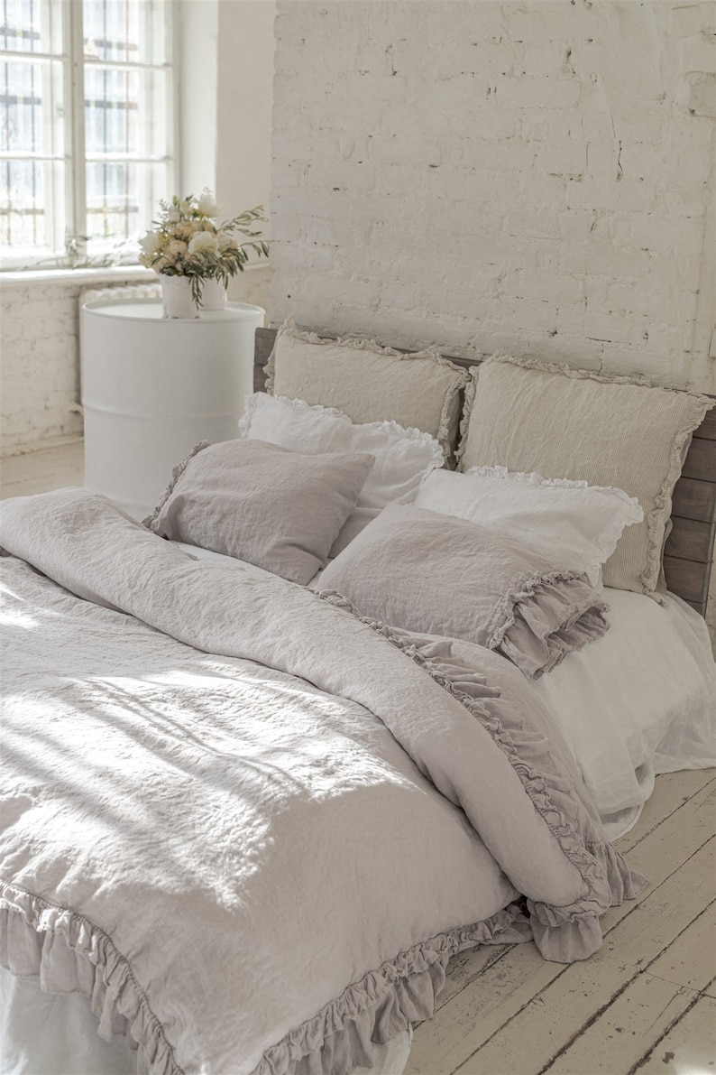 LINEN DUVET COVER. Rustic style ruffle duvet cover with double ruffles all around. image 7