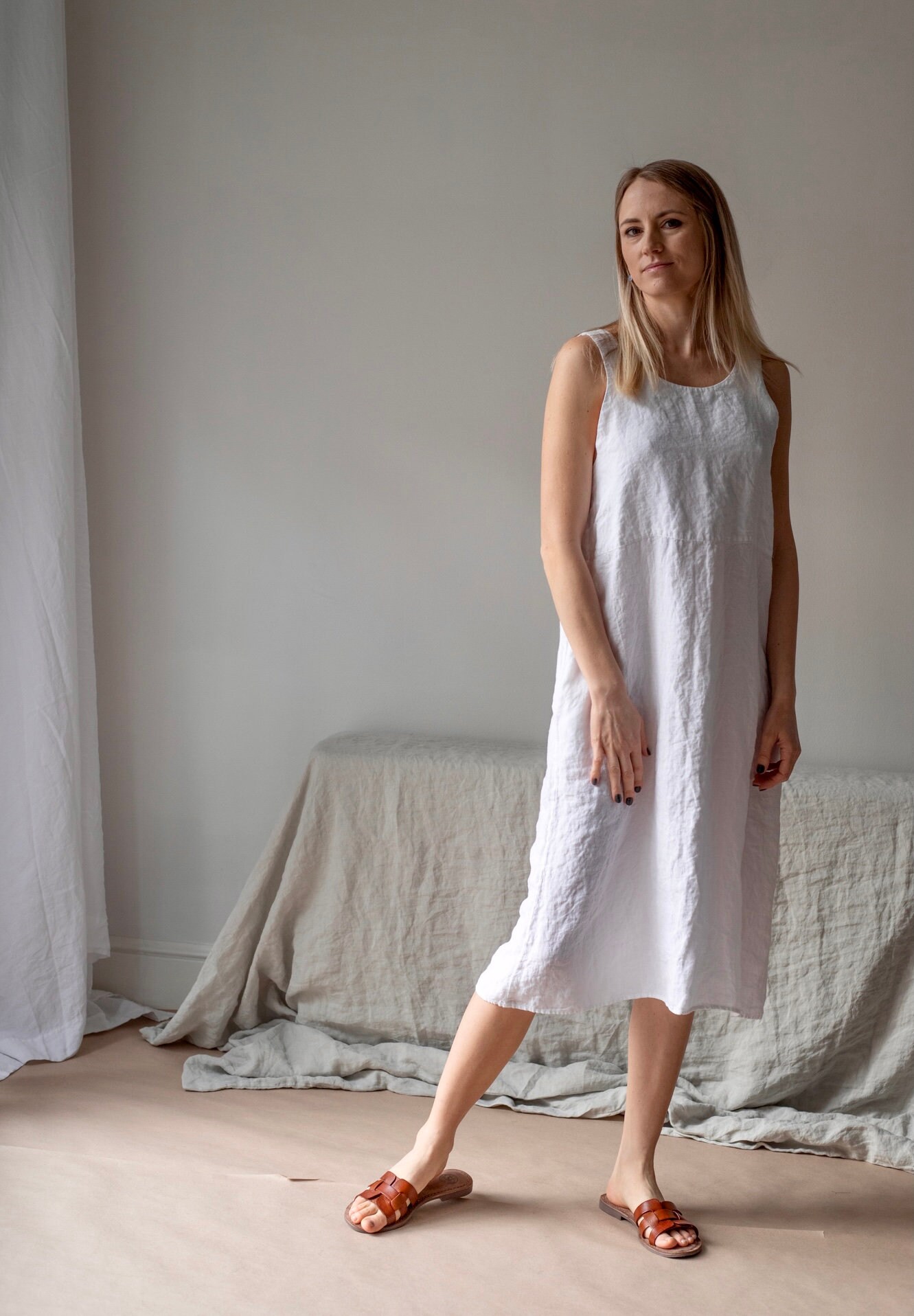 Linen Slip Dress Ada, Midi Linen Dress , White Linen Dress, Linen Clothing for Women