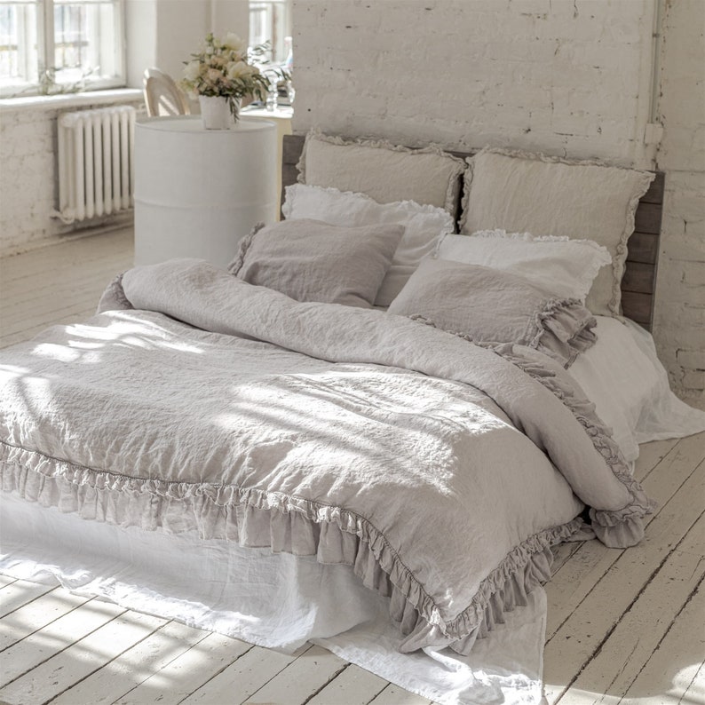 LINEN DUVET COVER. Rustic style ruffle duvet cover with double ruffles all around. image 5