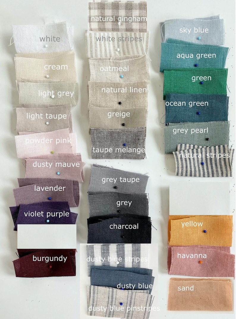 May include: A collection of fabric swatches in various colors, including white, cream, light grey, powder pink, lavender, burgundy, yellow, and sand. Each swatch is labeled with its color name.