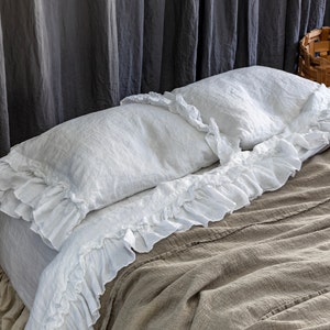 LINEN SHEETS SET with ruffles. 4 pieces-flat ruffled top sheet, fitted sheet and two ruffled pillowcases.