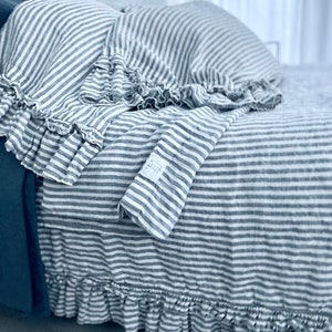 SALE / Queen size duvet cover with ruffles plus 2 standard pillowcases / in color blue stripes image 10