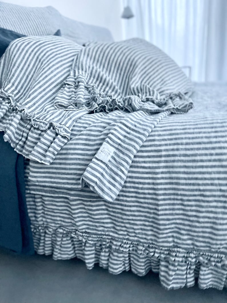 SALE / Queen size duvet cover with ruffles plus 2 standard pillowcases / in color blue stripes image 10