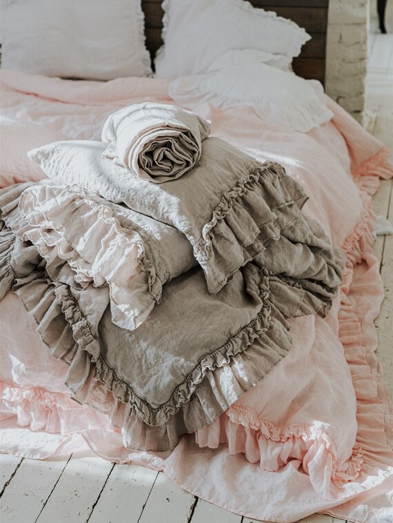 LINEN SHEETS SET With Ruffles. 4 Pieces-flat Ruffled, Fitted