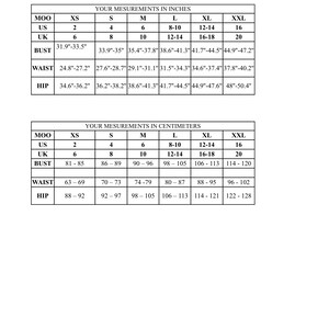 May include: A size chart for clothing, showing measurements in inches and centimeters. The chart includes sizes XS, S, M, L, XL, and XXL. The measurements are for bust, waist, and hip.