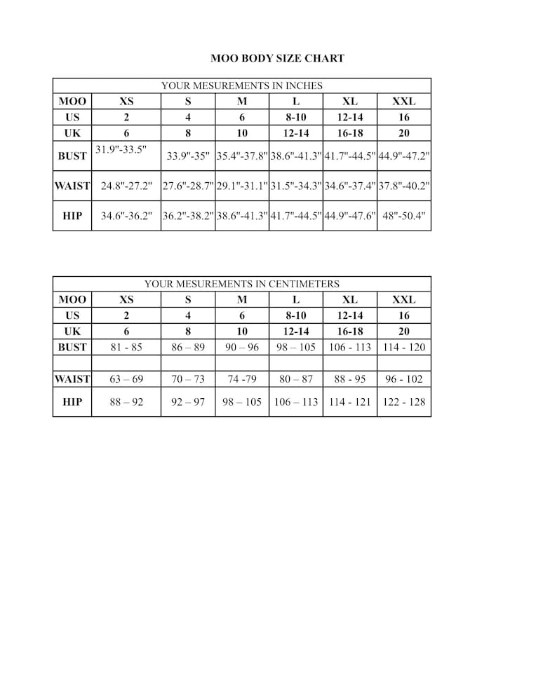 May include: A size chart for clothing, showing measurements in inches and centimeters. The chart includes sizes XS, S, M, L, XL, and XXL. The measurements are for bust, waist, and hip.