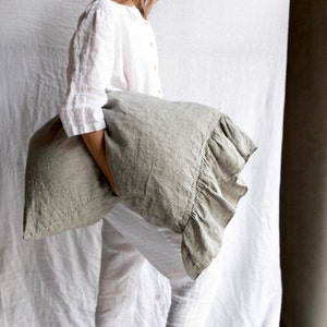 LINEN PILLOWCASE with  ruffles , shabby chic linen pillow cover. Queen , King, Standard size . Euroshams. MOOshop.