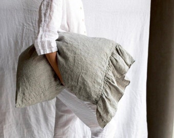 LINEN PILLOWCASE with  ruffles , shabby chic linen pillow cover. Queen , King, Standard size . Euroshams. MOOshop.