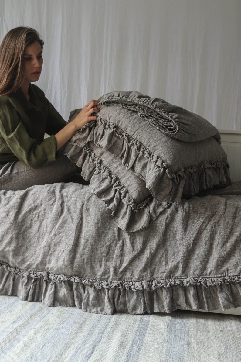 LINEN SHEETS SET With Ruffles. 4 Pieces-flat Ruffled Top Sheet, Fitted ...