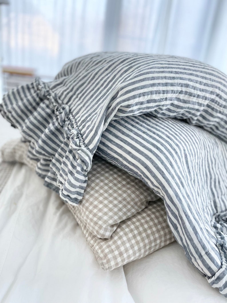 SALE / Queen size duvet cover with ruffles plus 2 standard pillowcases / in color blue stripes image 1