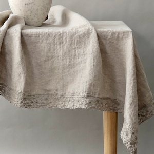 Linen tablecloth with lace. Round, square, rectangular table linens. Farmhouse Table Cloth,Rustic Table, Country Tablecloth, Natural linen image 6