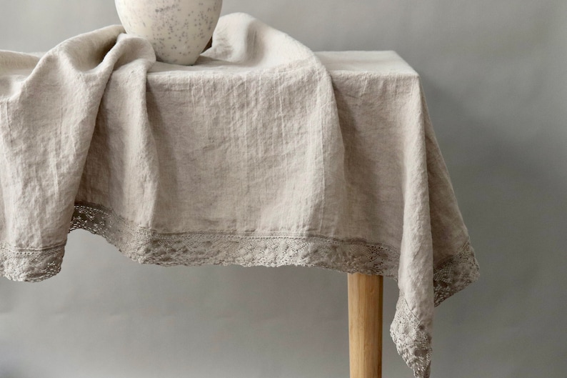 Linen tablecloth with lace. Round, square, rectangular table linens. Farmhouse Table Cloth,Rustic Table, Country Tablecloth, Natural linen image 6