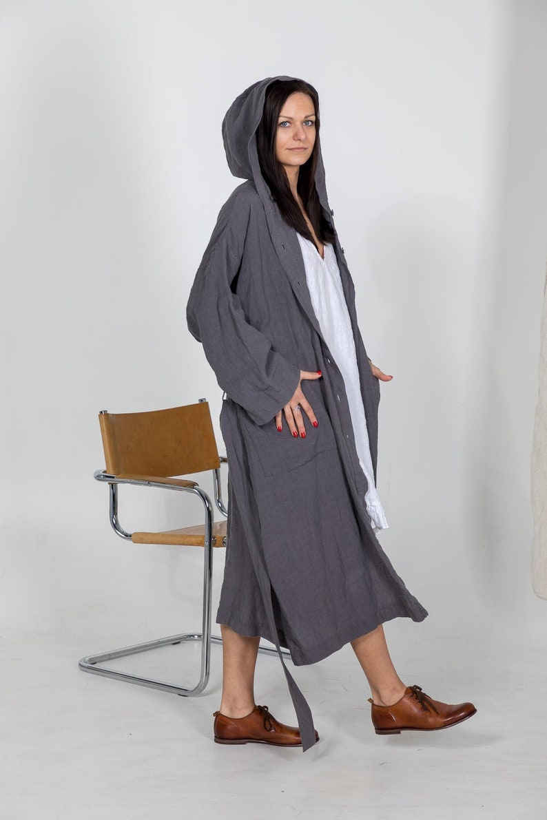 LINEN ROBE SHIRLEY with Hood ,belt and buttons . linen loungewear, linen dress, linen sleepwear. image 5