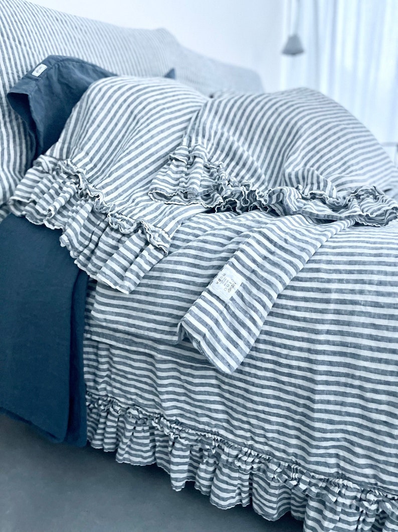 SALE / Queen size duvet cover with ruffles plus 2 standard pillowcases / in color blue stripes image 8