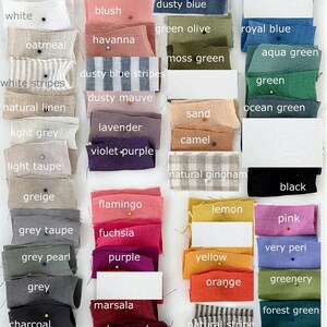 May include: A collection of fabric swatches in various colors and patterns, including dusty blue pinstripes, powder pink, cream, sky blue, dusty blue, blush, white, green olive, royal blue, havanna, oatmeal, aqua green, moss green, dusty blue stripes, white stripes, natural linen, light grey, lavender, violet purple, light taupe, greige, grey taupe, grey pearl, grey, charcoal, flamingo, fuchsia, purple, marsala, burgundy, ebony brown, sand, camel, natural gingham, black, lemon, pink, very peri, greenery, forest green, yellow, orange, natural stripe, and taupe melange.
