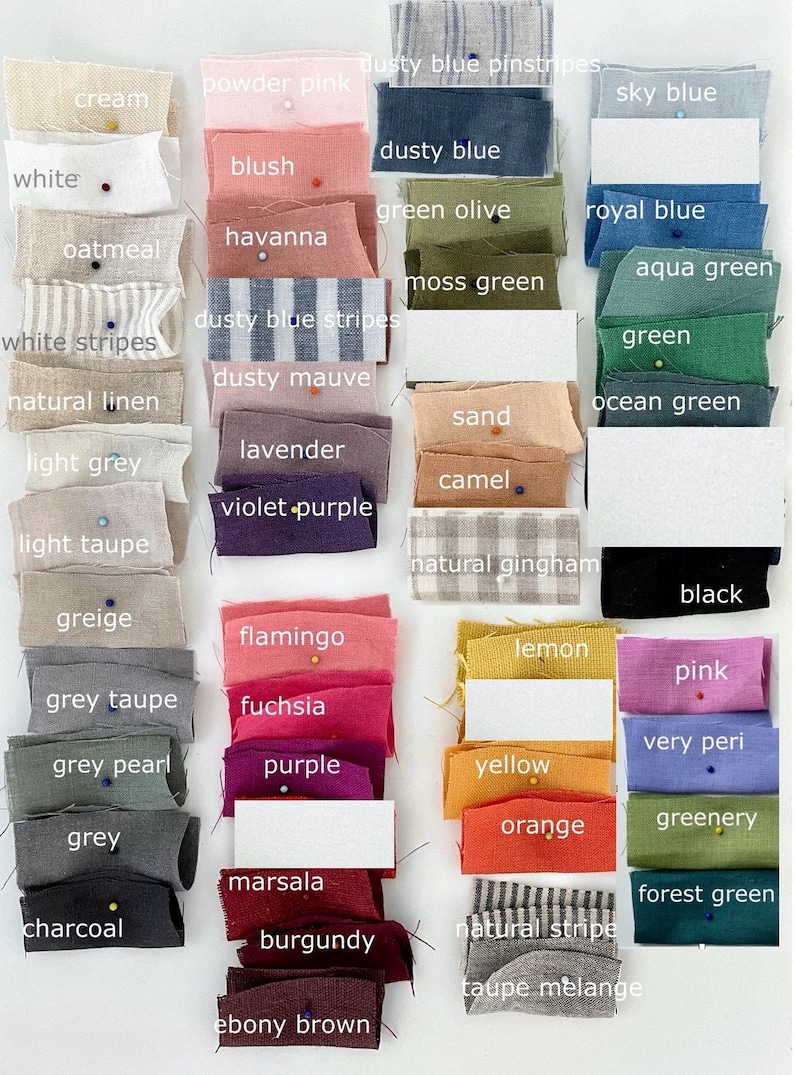 May include: A collection of fabric swatches in various colors and patterns, including dusty blue pinstripes, powder pink, cream, sky blue, dusty blue, blush, white, green olive, royal blue, havanna, oatmeal, aqua green, moss green, dusty blue stripes, white stripes, natural linen, light grey, lavender, violet purple, light taupe, greige, grey taupe, grey pearl, grey, charcoal, flamingo, fuchsia, purple, marsala, burgundy, ebony brown, sand, camel, natural gingham, black, lemon, pink, very peri, greenery, forest green, yellow, orange, natural stripe, and taupe melange.