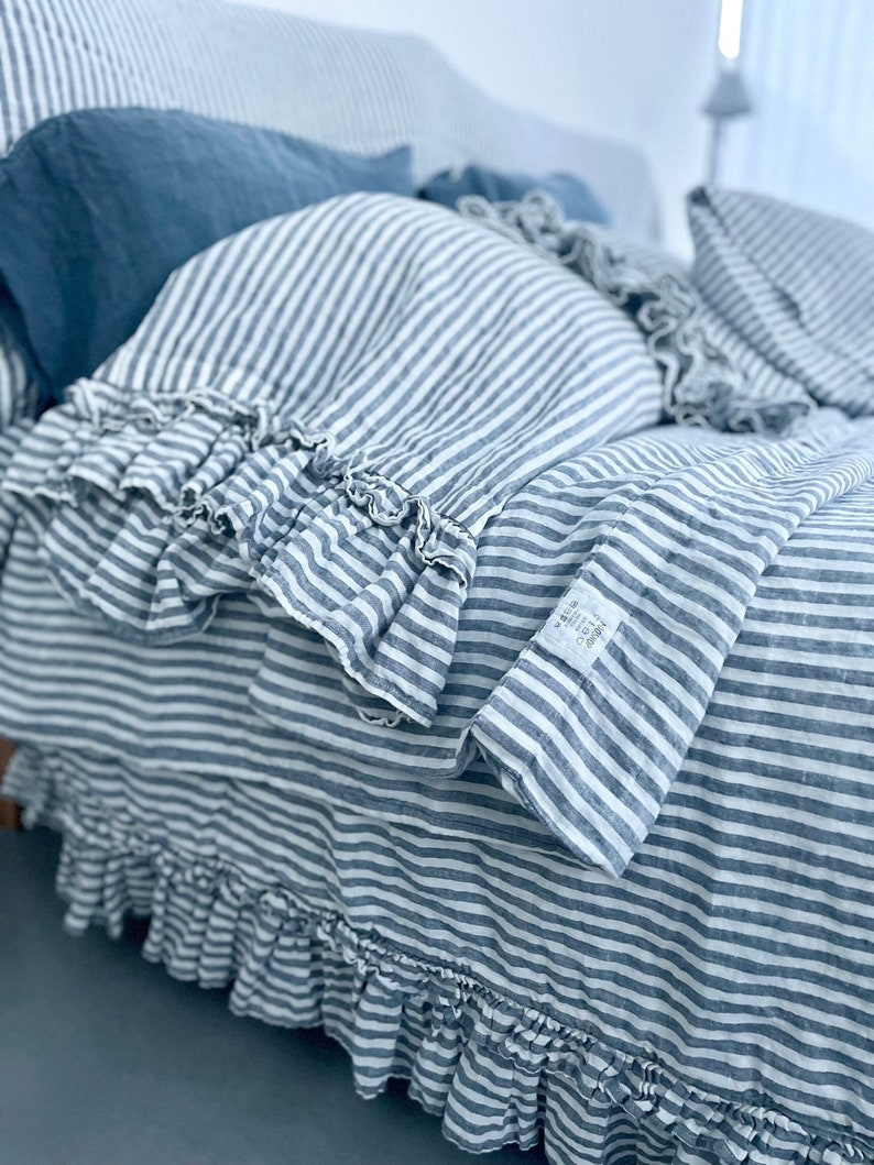 SALE / Queen size duvet cover with ruffles plus 2 standard pillowcases / in color blue stripes image 2