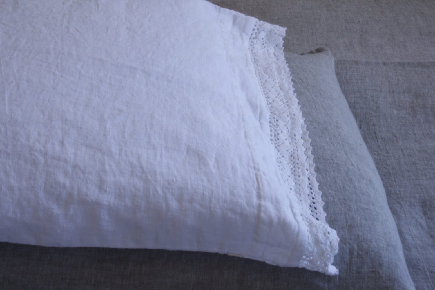 WHITE Linen Pillowcase With French Lace Standard Queen Etsy