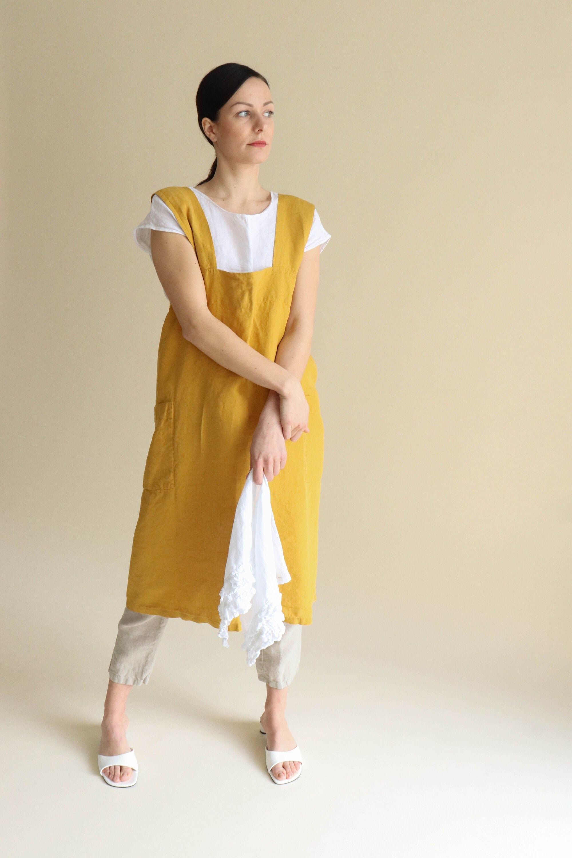 Linen pinafore ZARA apron , Linen Apron Square cross linen apron. Japanese style apron.